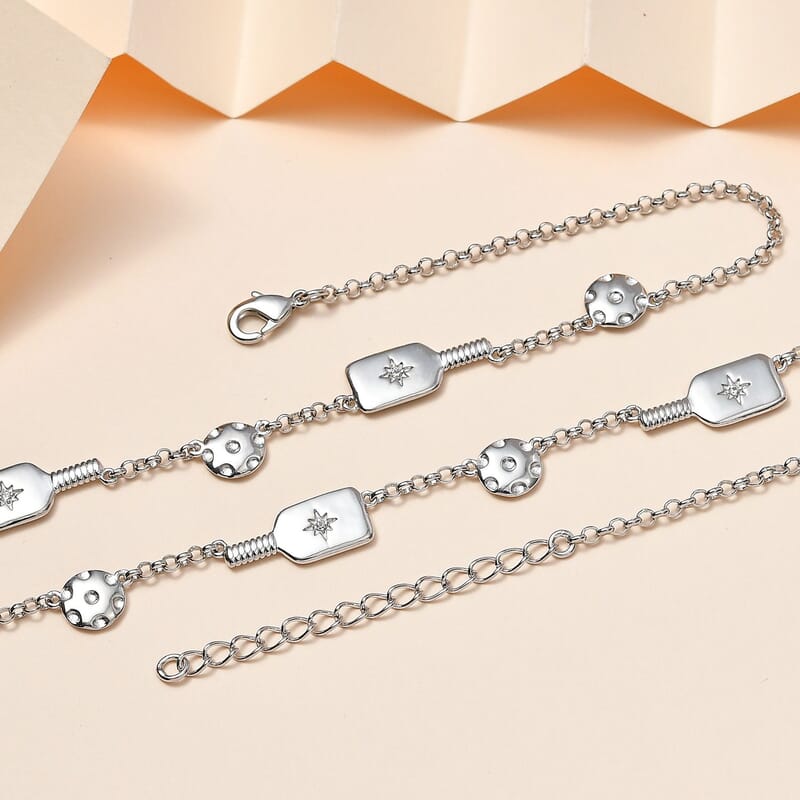 Karis White Zircon Pickleball Station Necklace 18-20 Inches in Platinum Bond 0.08 ctw