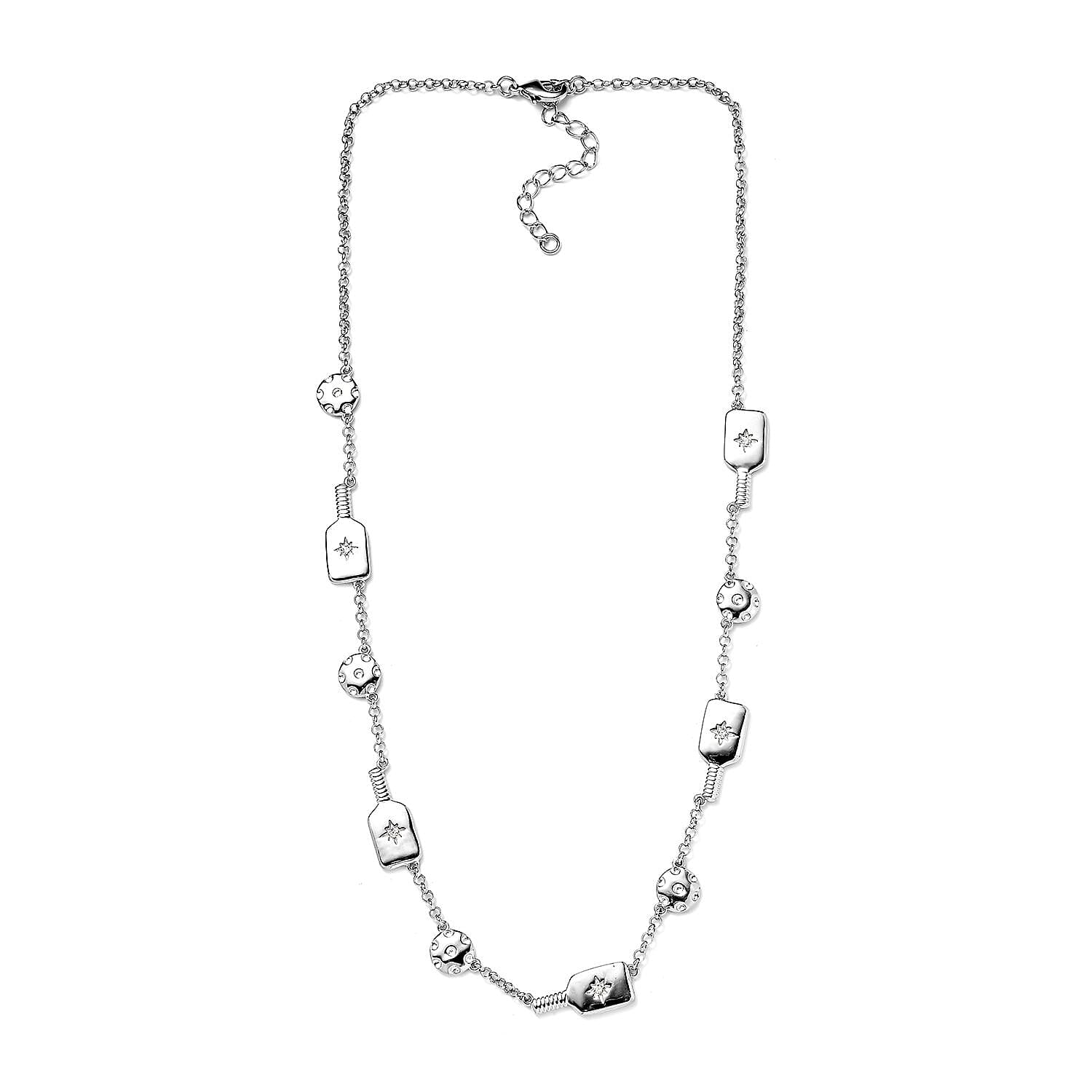 Karis White Zircon Pickleball Station Necklace 18-20 Inches in Platinum Bond 0.08 ctw