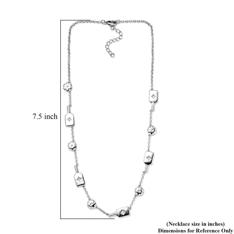 Karis White Zircon Pickleball Station Necklace 18-20 Inches in Platinum Bond 0.08 ctw