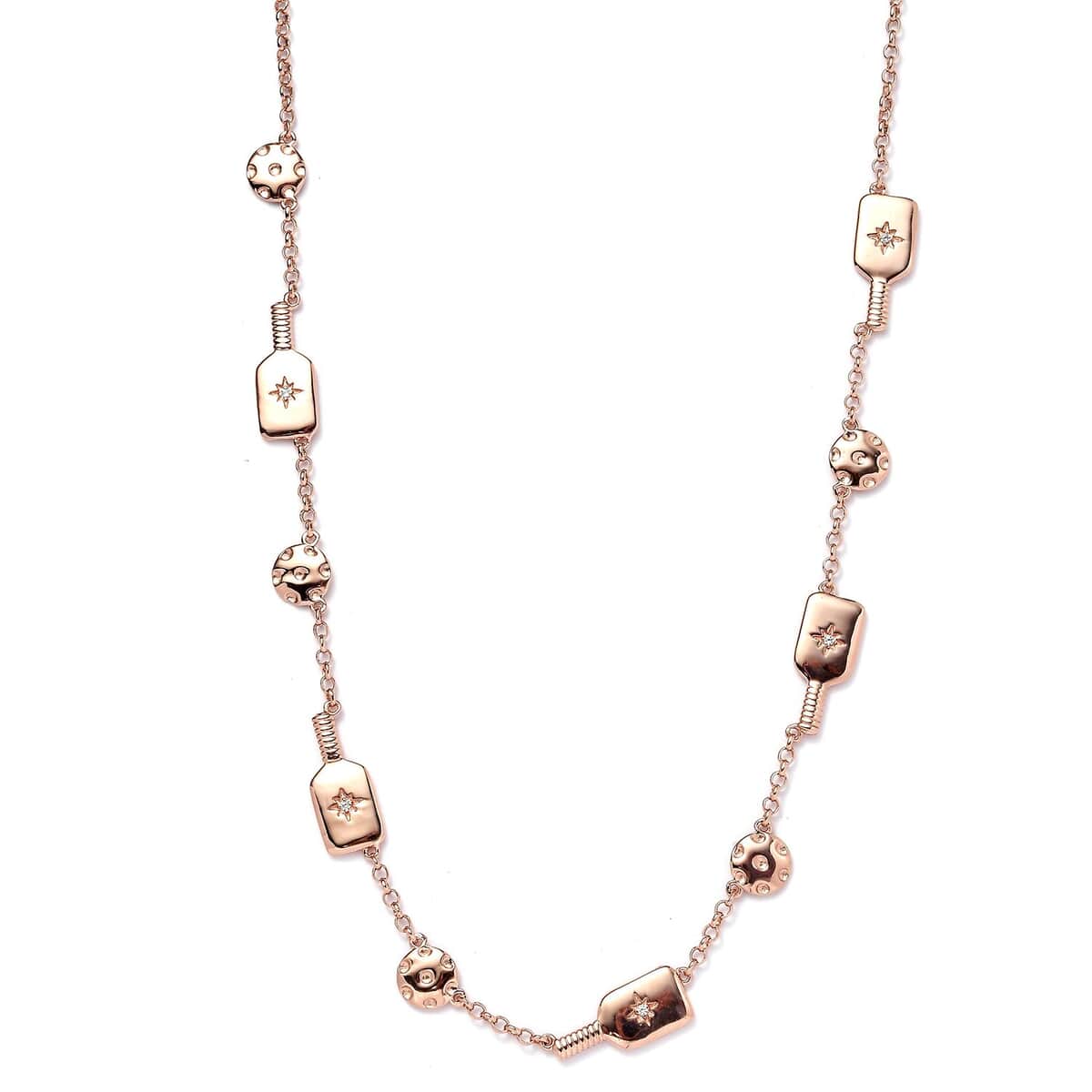 Karis White Zircon Pickleball Station Necklace 18-20 Inches in 18K Rose Gold Plated 0.08 ctw image number 0