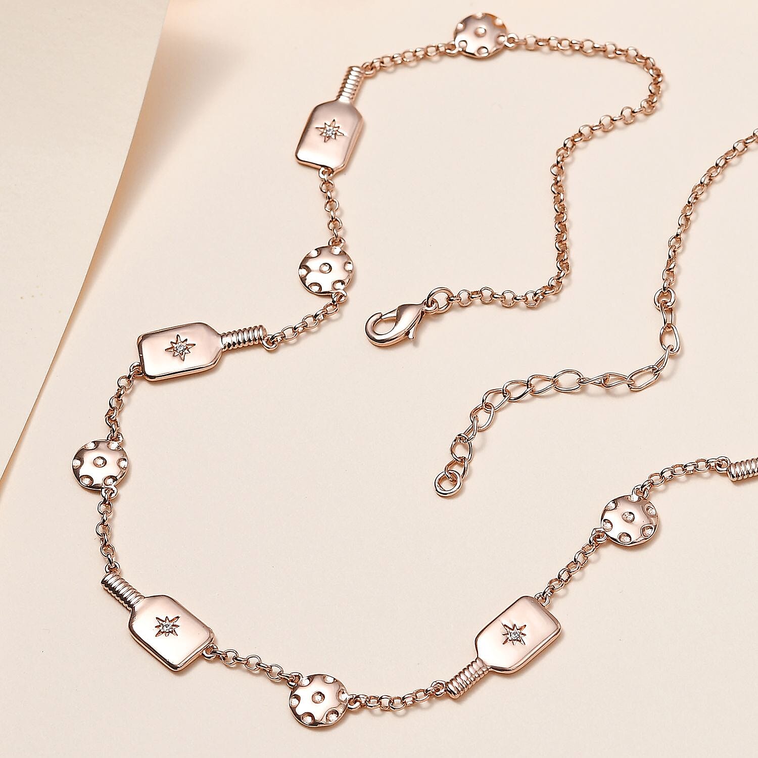 Karis White Zircon Pickleball Station Necklace 18-20 Inches in 18K Rose Gold Plated 0.08 ctw