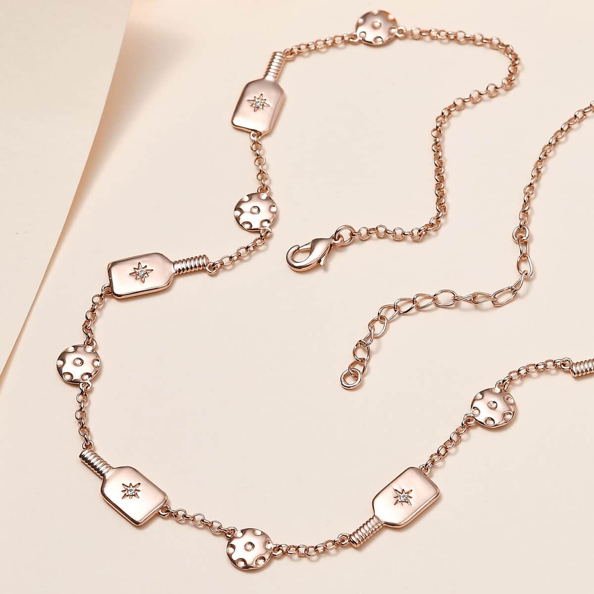 Karis White Zircon Pickleball Station Necklace 18-20 Inches in 18K Rose Gold Plated 0.08 ctw image number 1