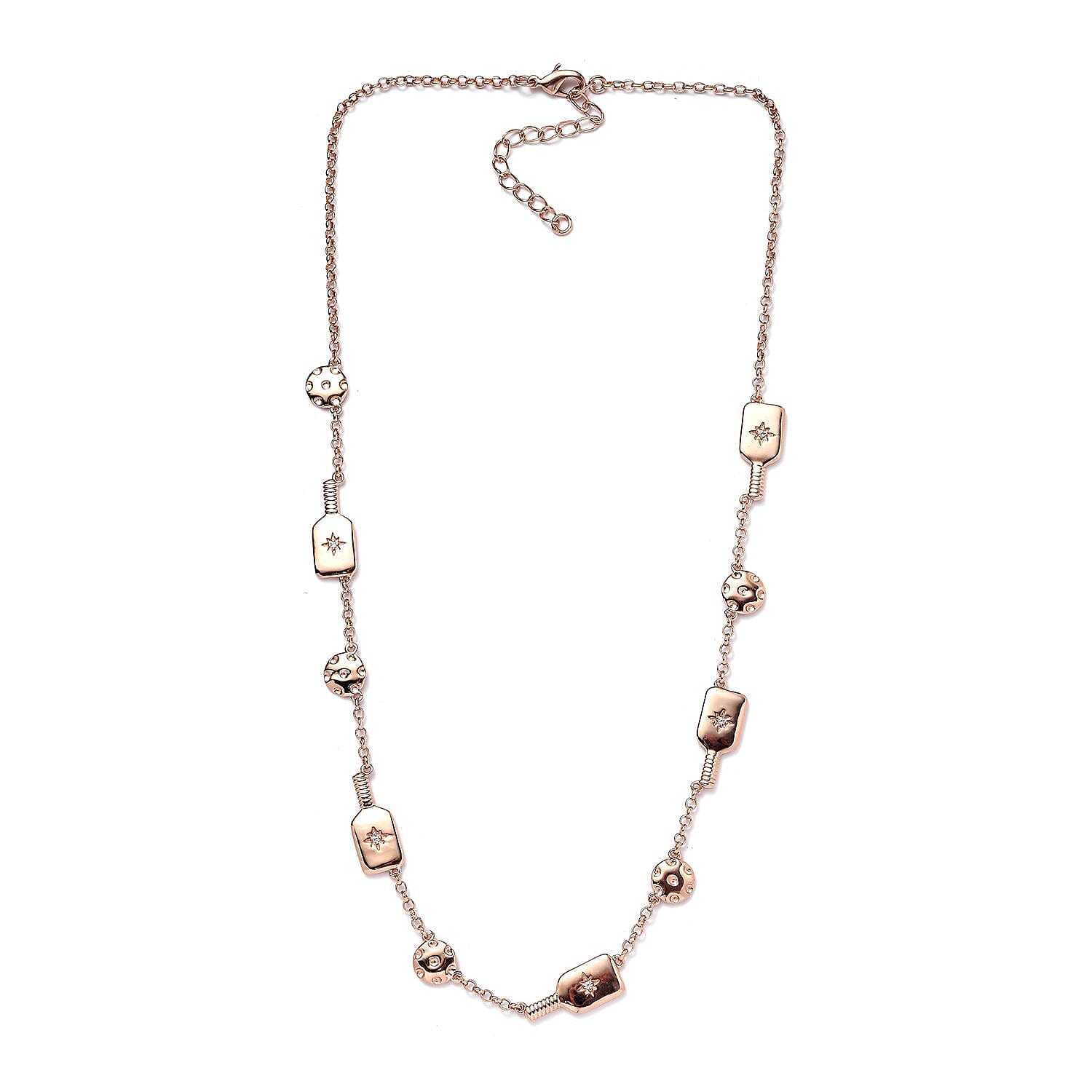 Karis White Zircon Pickleball Station Necklace 18-20 Inches in 18K Rose Gold Plated 0.08 ctw