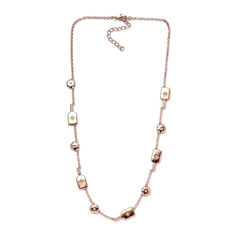Karis White Zircon Pickleball Station Necklace 18-20 Inches in 18K Rose Gold Plated 0.08 ctw