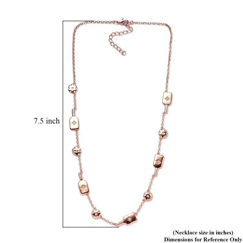 Karis White Zircon Pickleball Station Necklace 18-20 Inches in 18K Rose Gold Plated 0.08 ctw