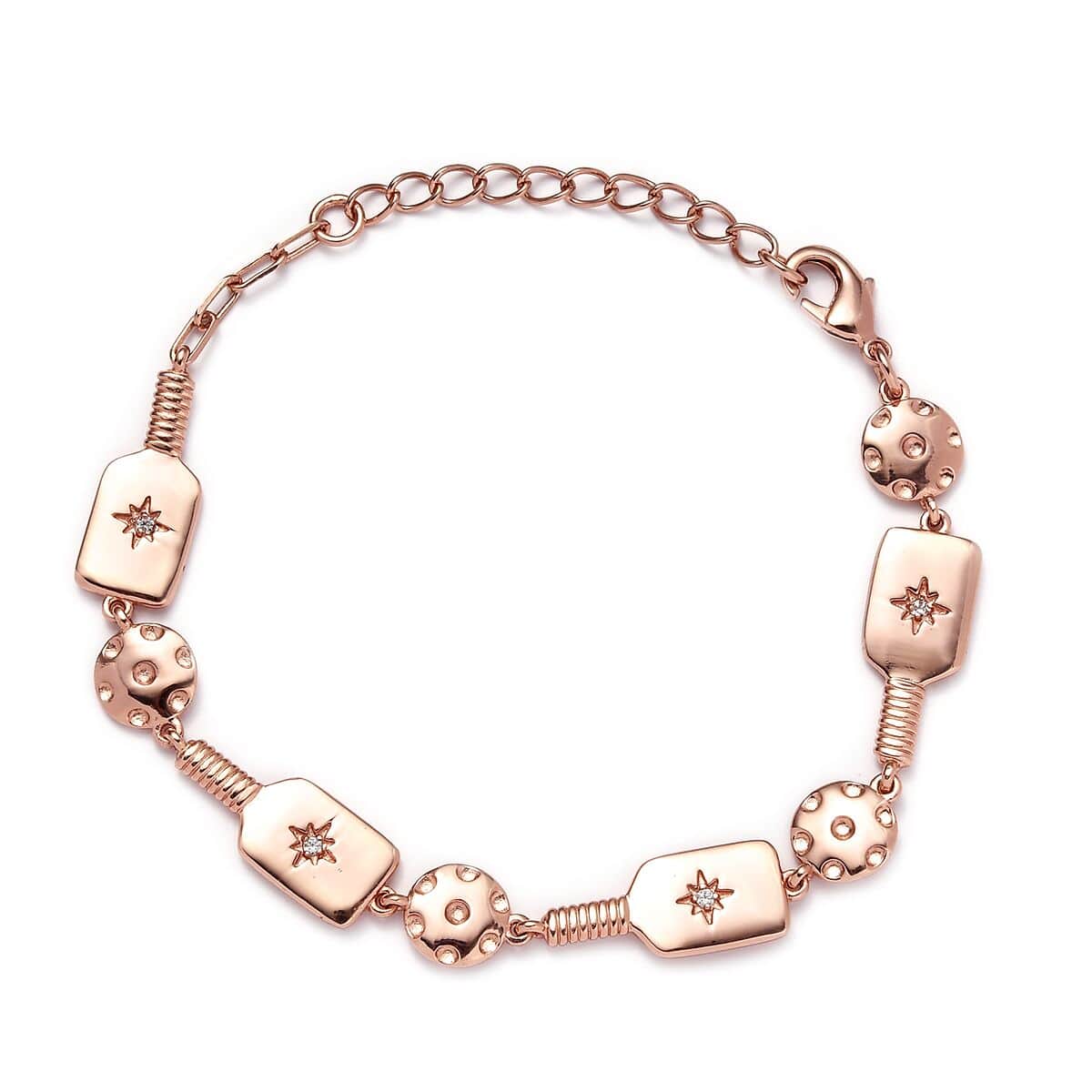 Karis White Zircon Pickleball Station Bracelet in 18K Rose Gold Plated (6.50-8.0In) 0.08 ctw image number 0