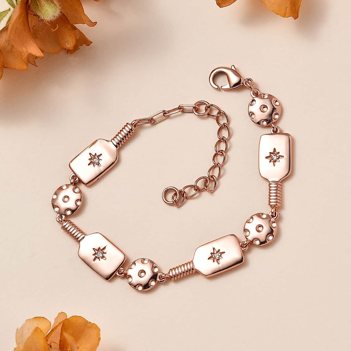 Karis White Zircon Pickleball Station Bracelet in 18K Rose Gold Plated (6.50-8.0In) 0.08 ctw image number 1