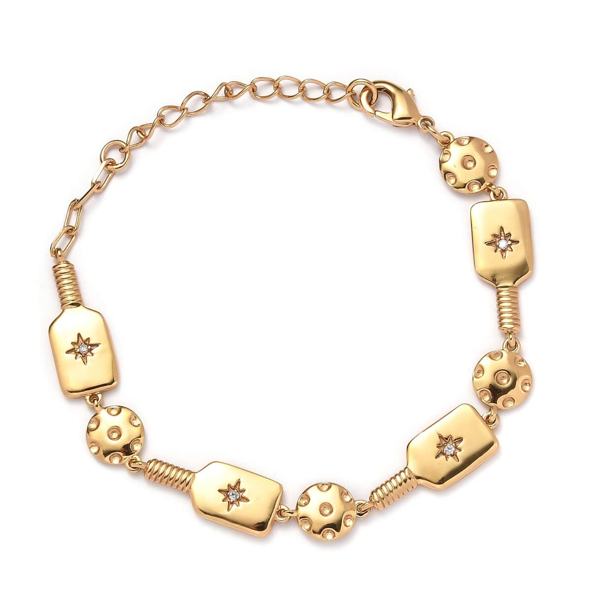 Karis White Zircon Pickleball Station Bracelet in 18K Yellow Gold Plated (6.50-8.0In) 0.08 ctw image number 0