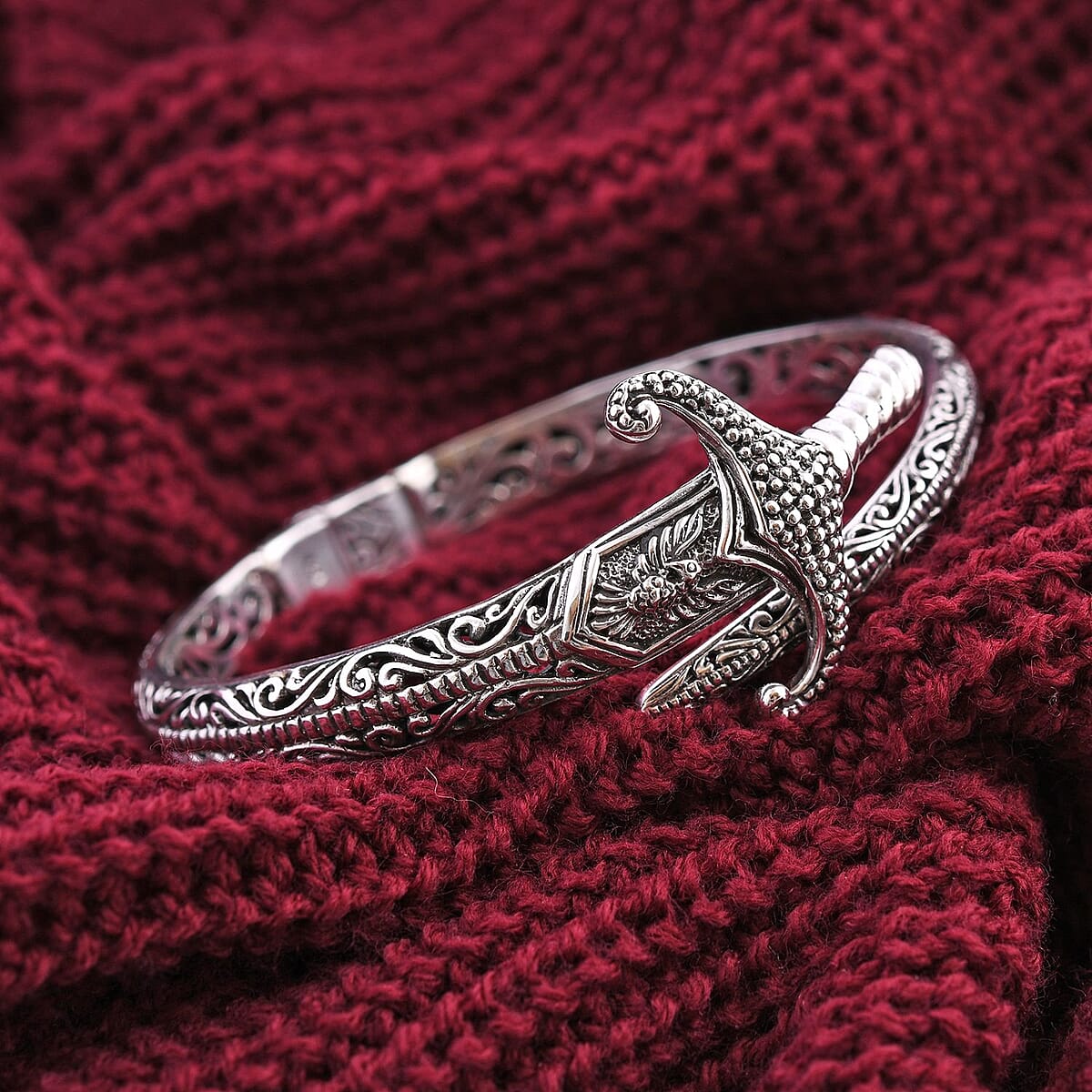 Bali Legacy Sterling Silver Sword Bangle Bracelet (7.25 In) 27.65 Grams image number 1