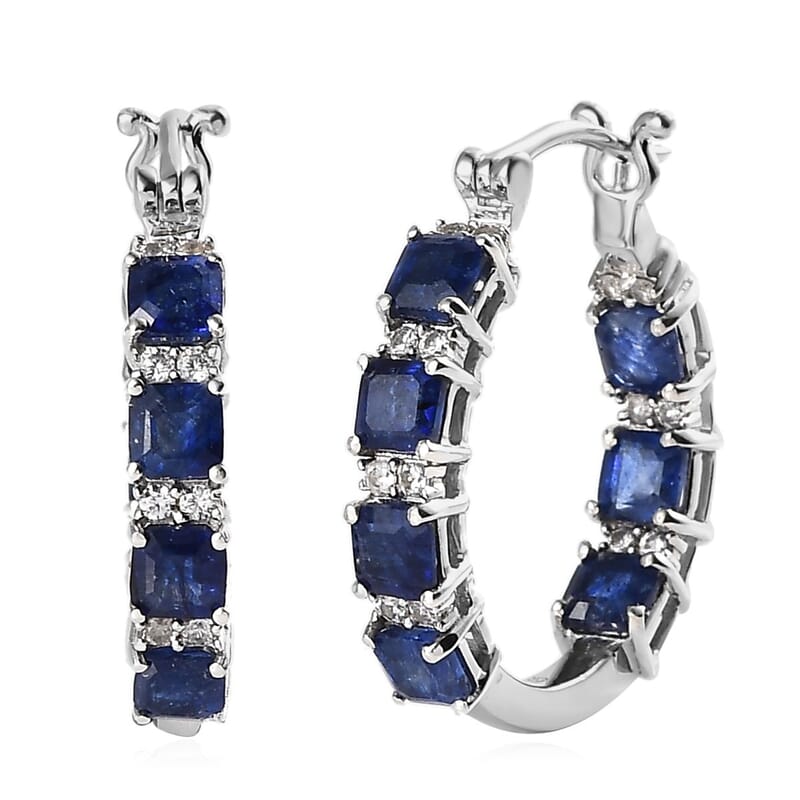 Asscher Cut Masoala Sapphire (FF), White Zircon Hoop Earrings in Platinum Over Sterling Silver 8.00 ctw