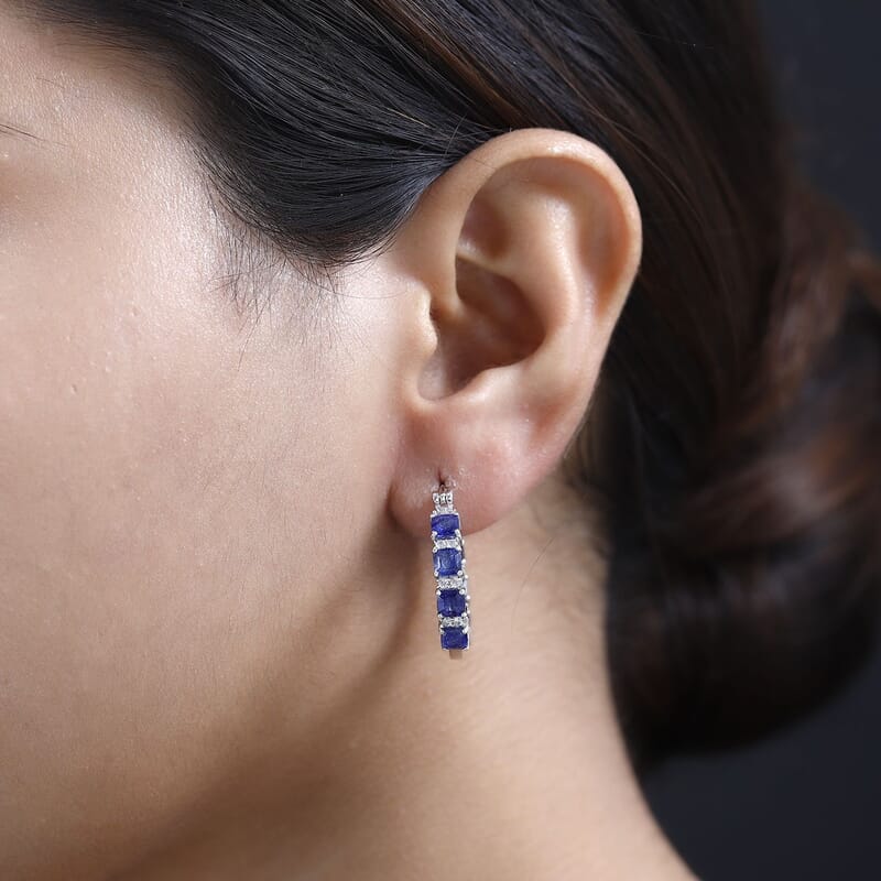 Asscher Cut Masoala Sapphire (FF), White Zircon Hoop Earrings in Platinum Over Sterling Silver 8.00 ctw