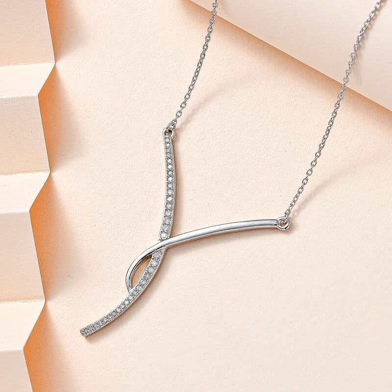Diamond Wishbone Necklace 18-20 Inches in Rhodium Over Sterling Silver 0.33 ctw