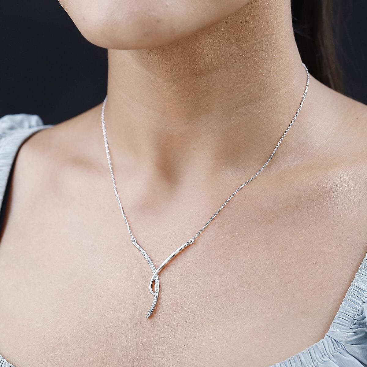 Diamond Wishbone Necklace 18-20 Inches in Rhodium Over Sterling Silver 0.33 ctw image number 2