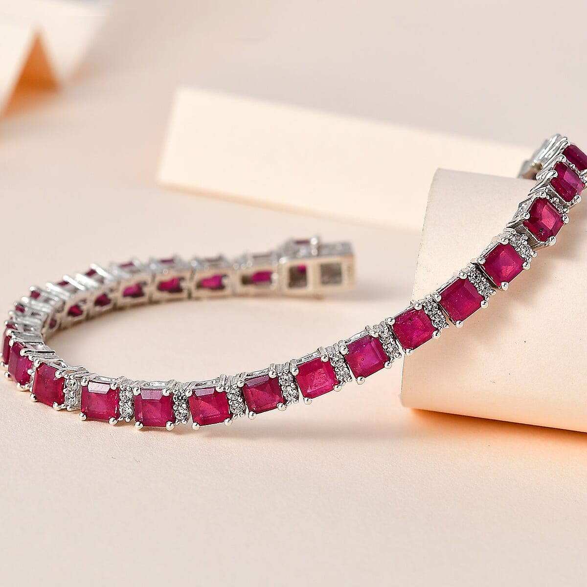 Asscher Cut Niassa Ruby (FF) and White Zircon Bracelet in Platinum Over Sterling Silver (6.50 In) 14.85 ctw image number 1