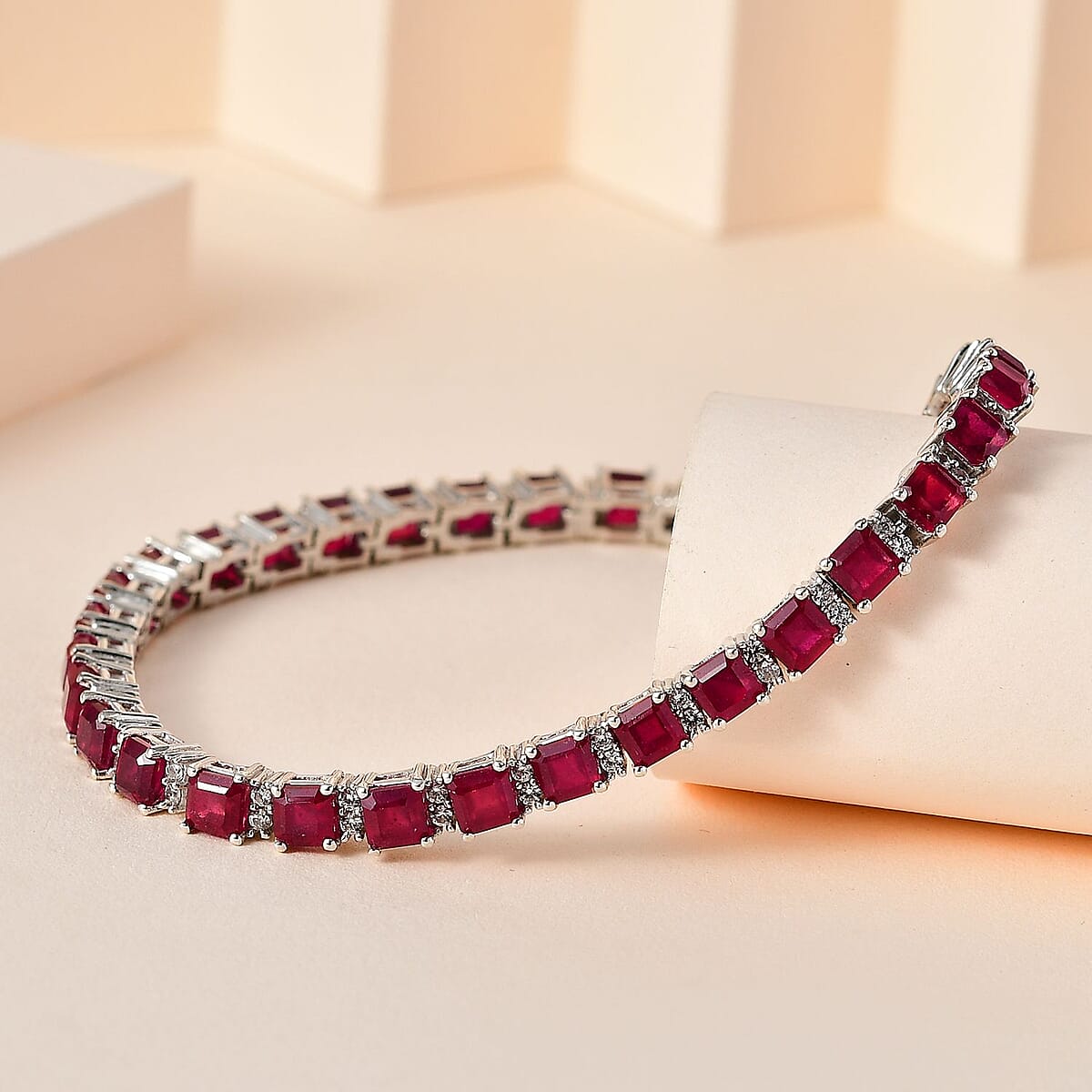 Asscher Cut Niassa Ruby (FF) and White Zircon Bracelet in Platinum Over Sterling Silver (7.25 In) 17.00 ctw image number 1