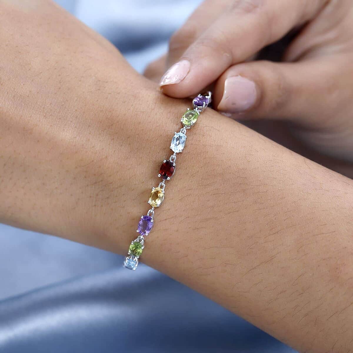 Multi Gemstone 10.90 ctw Link Bracelet in Platinum Over Sterling Silver (7.25 In) image number 2