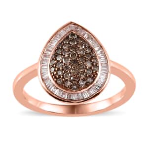 Natural Champagne and White Diamond Halo Ring in Vermeil Rose Gold Over Sterling Silver (Size 8.0) 0.50 ctw