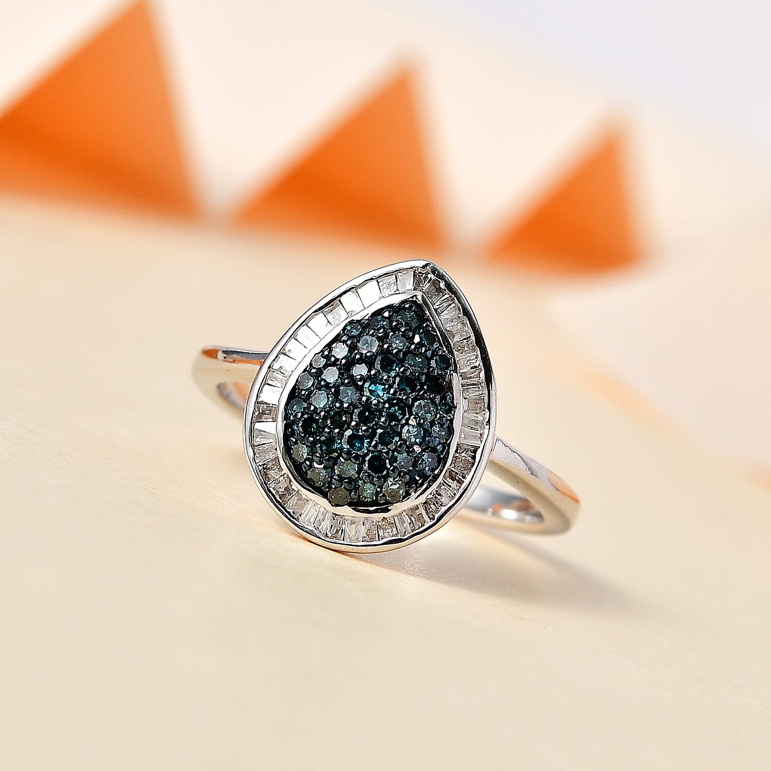 Blue and White Diamond Halo Ring in Platinum Over Sterling Silver (Size 10.0) 0.50 ctw