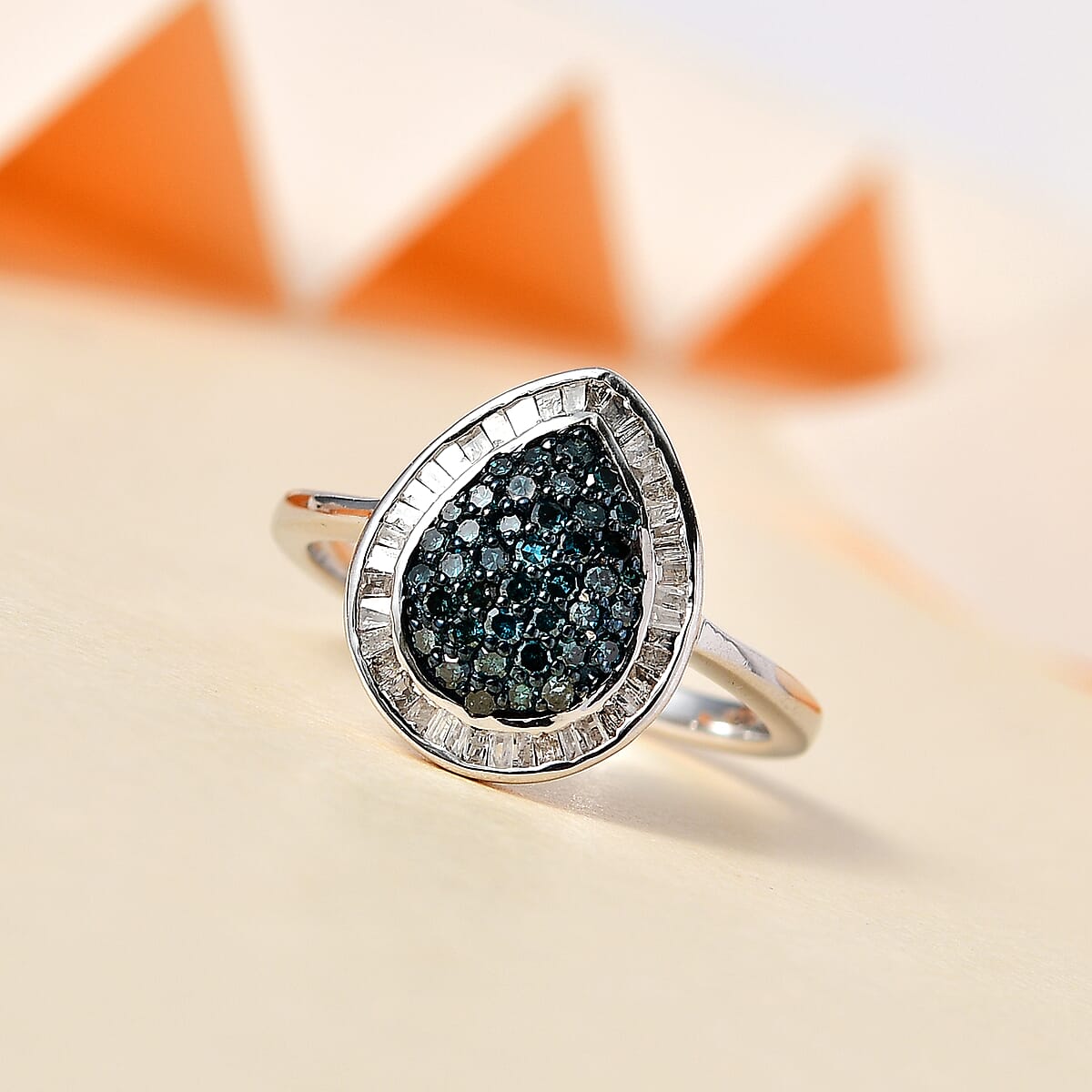 Blue and White Diamond Halo Ring in Platinum Over Sterling Silver (Size 10.0) 0.50 ctw image number 1