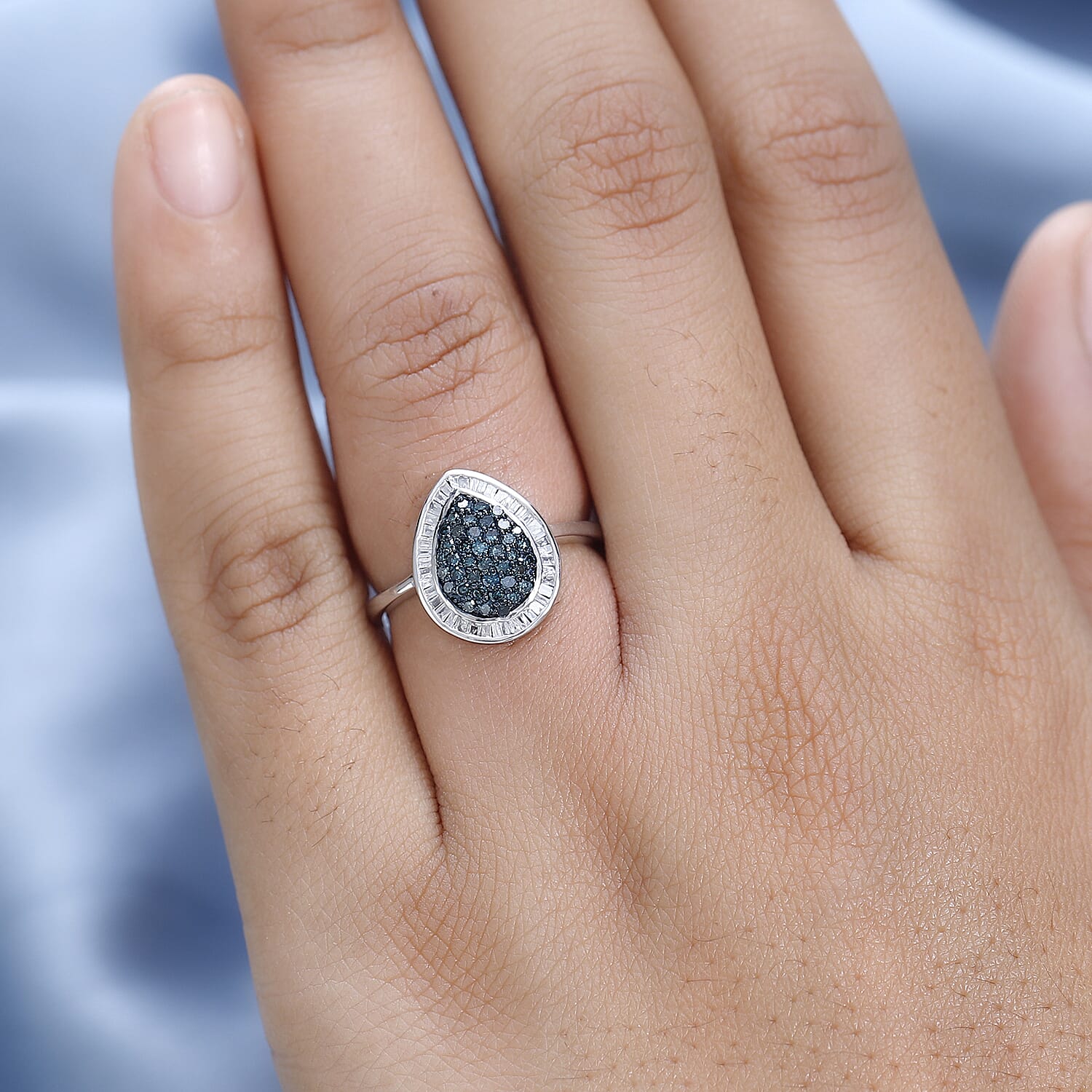 Blue and White Diamond Halo Ring in Platinum Over Sterling Silver (Size 10.0) 0.50 ctw