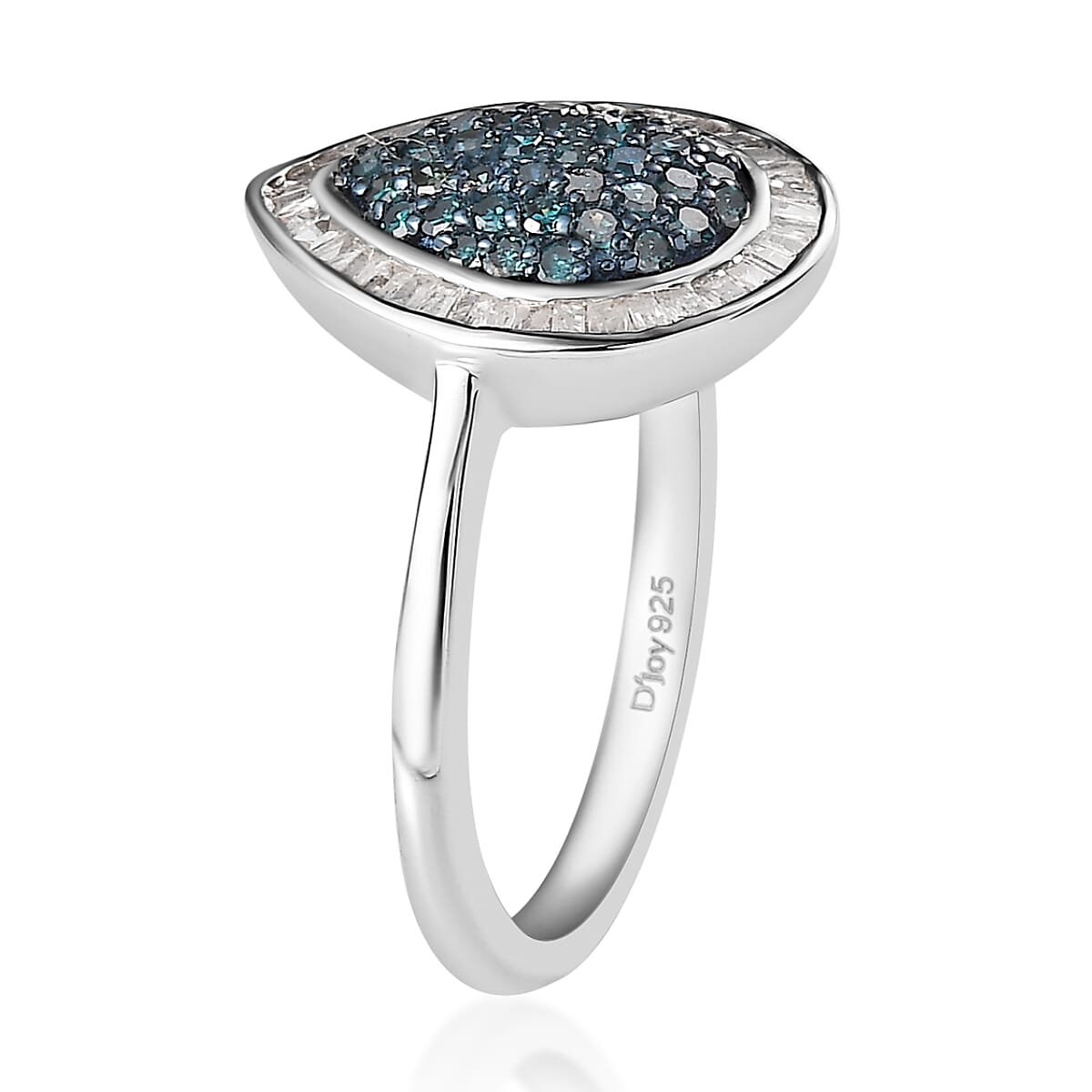 Blue and White Diamond Halo Ring in Platinum Over Sterling Silver (Size 10.0) 0.50 ctw