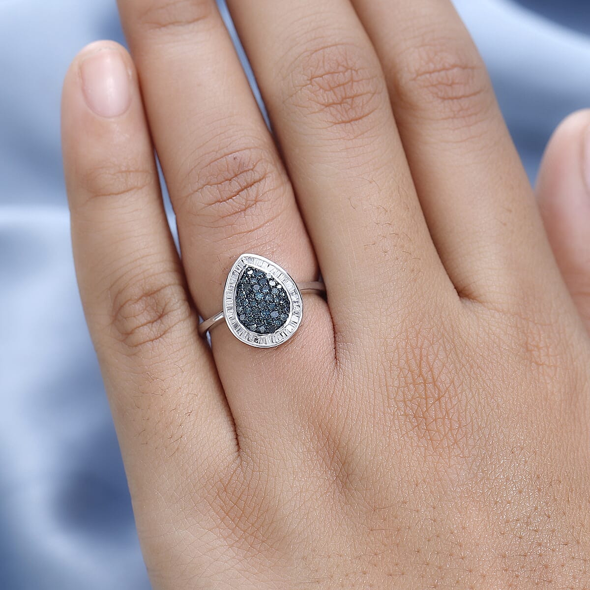 Blue and White Diamond Halo Ring in Platinum Over Sterling Silver (Size 9.0) 0.50 ctw image number 2