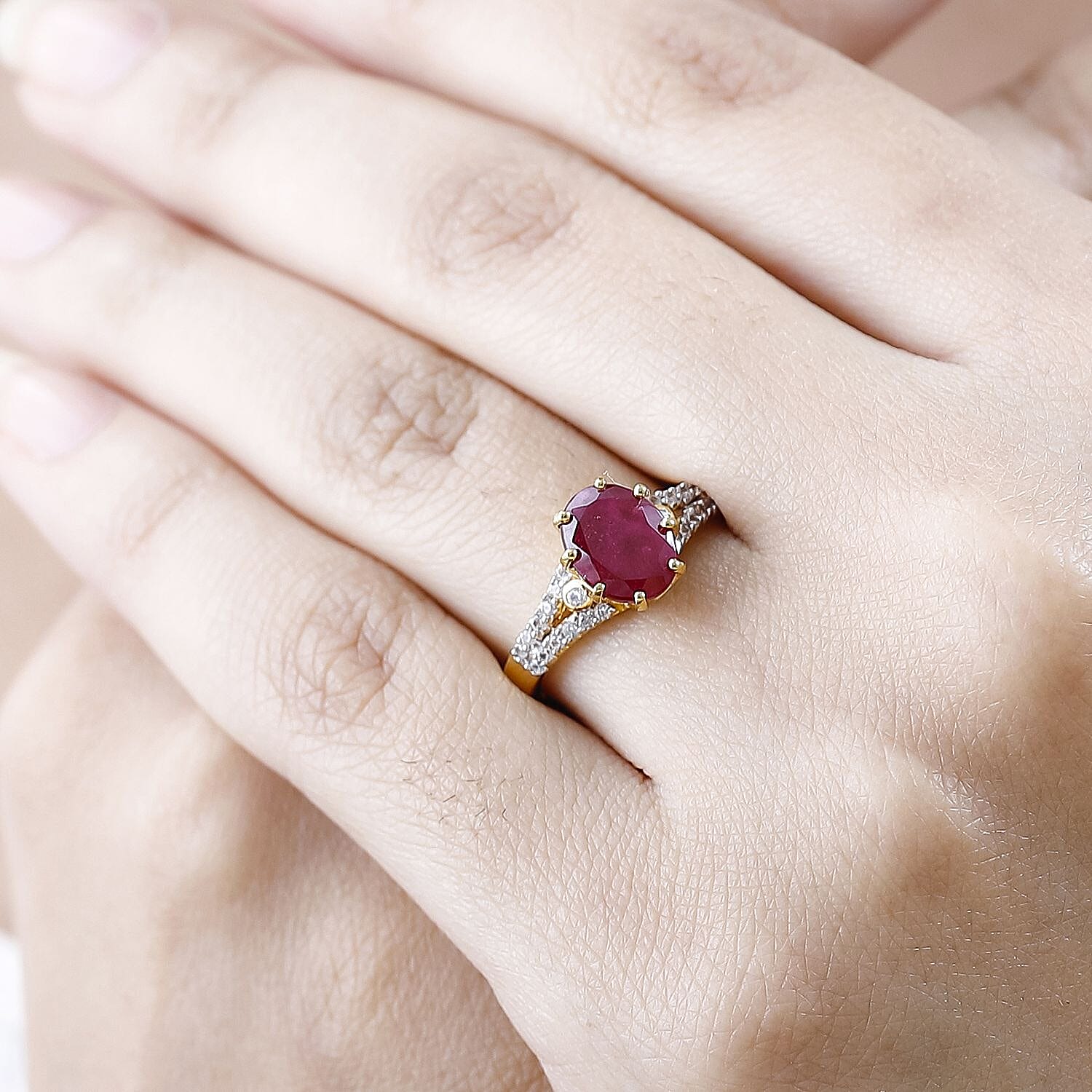 Niassa Ruby (FF) and White Zircon 3.38 ctw Ring in 18K Vermeil Yellow Gold Over Sterling Silver (Size 11.5)