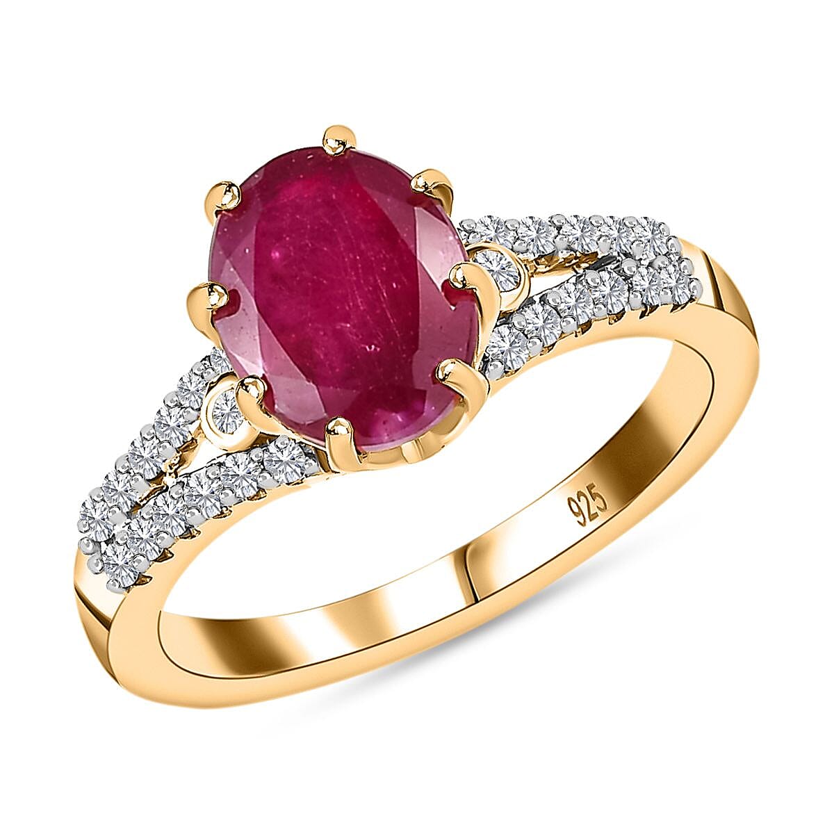 Niassa Ruby (FF) and White Zircon 3.38 ctw Ring in 18K Vermeil Yellow Gold Over Sterling Silver (Size 11.5)