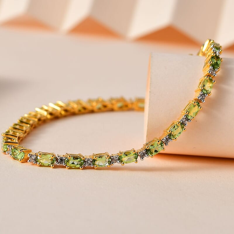 Premium Natural Calabar Green Tourmaline and White Zircon Bracelet in Vermeil Yellow Gold Over Sterling Silver (6.50 In) 6.00 ctw