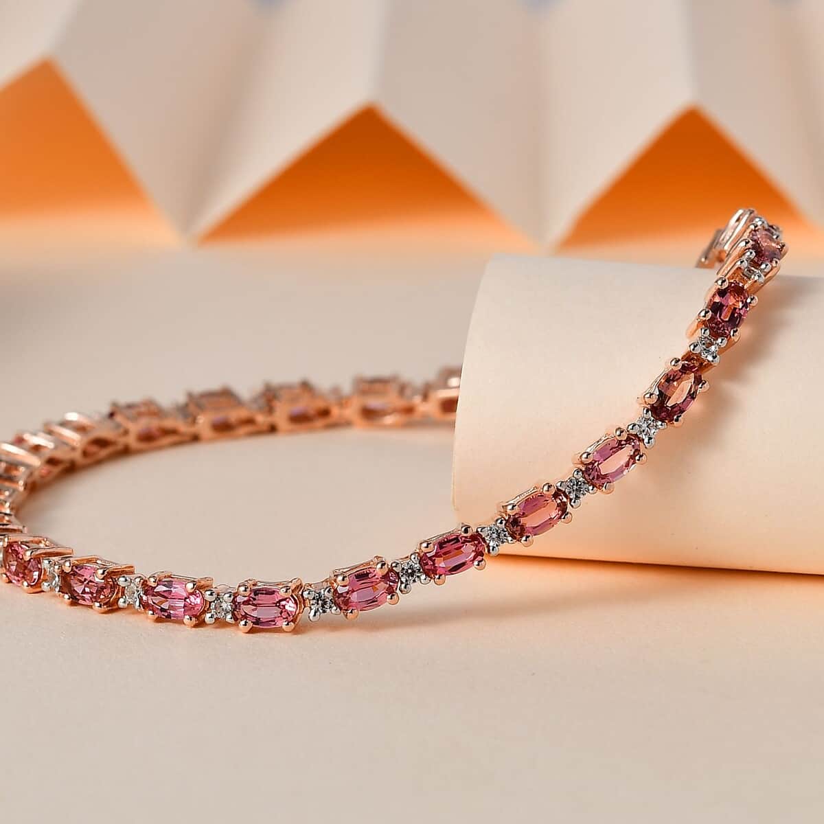 Premium Natural Calabar Pink Tourmaline and White Zircon Bracelet in Vermeil Rose Gold Over Sterling Silver (6.50 In) 6.00 ctw image number 1