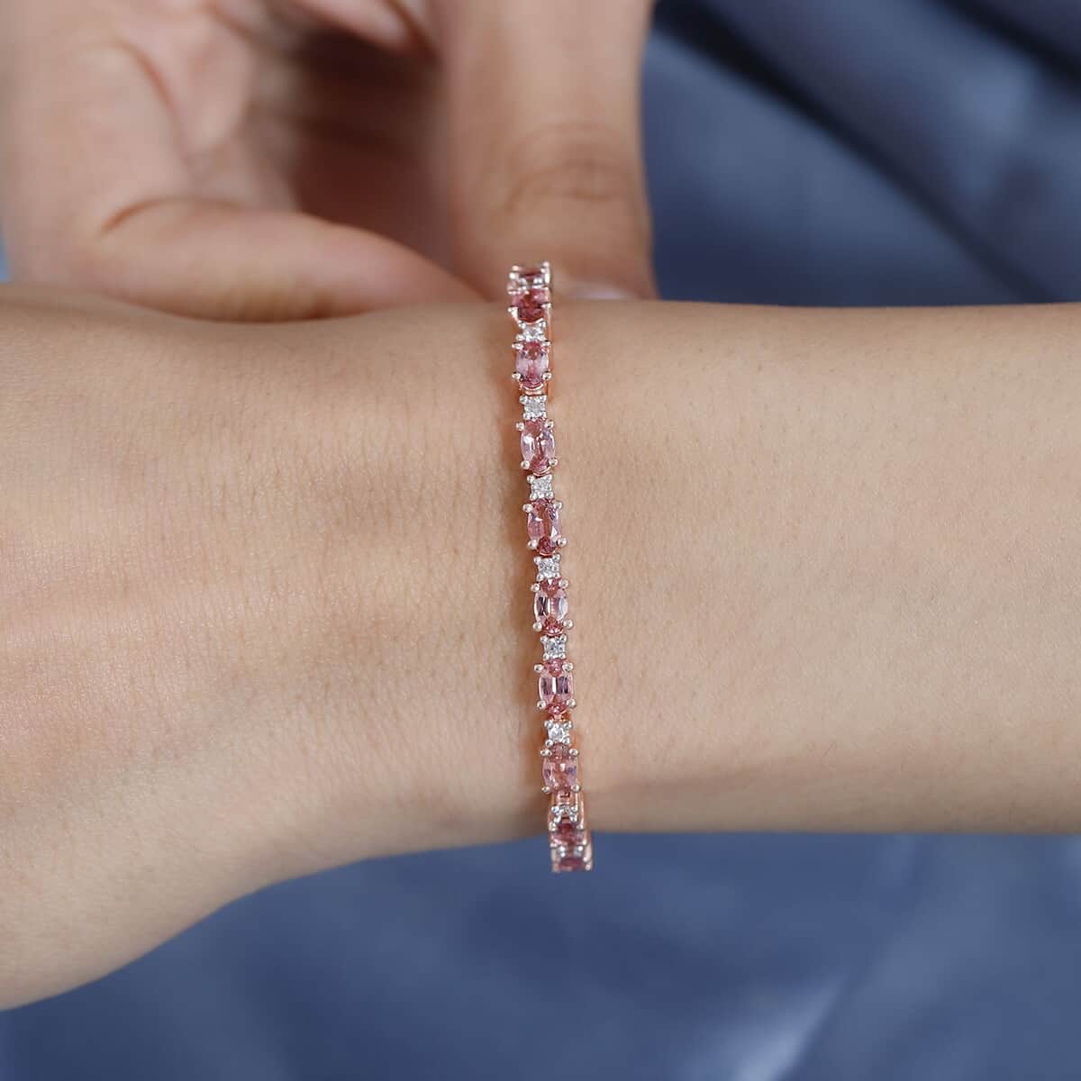 Premium Natural Calabar Pink Tourmaline and White Zircon Bracelet in Vermeil Rose Gold Over Sterling Silver (6.50 In) 6.00 ctw image number 2