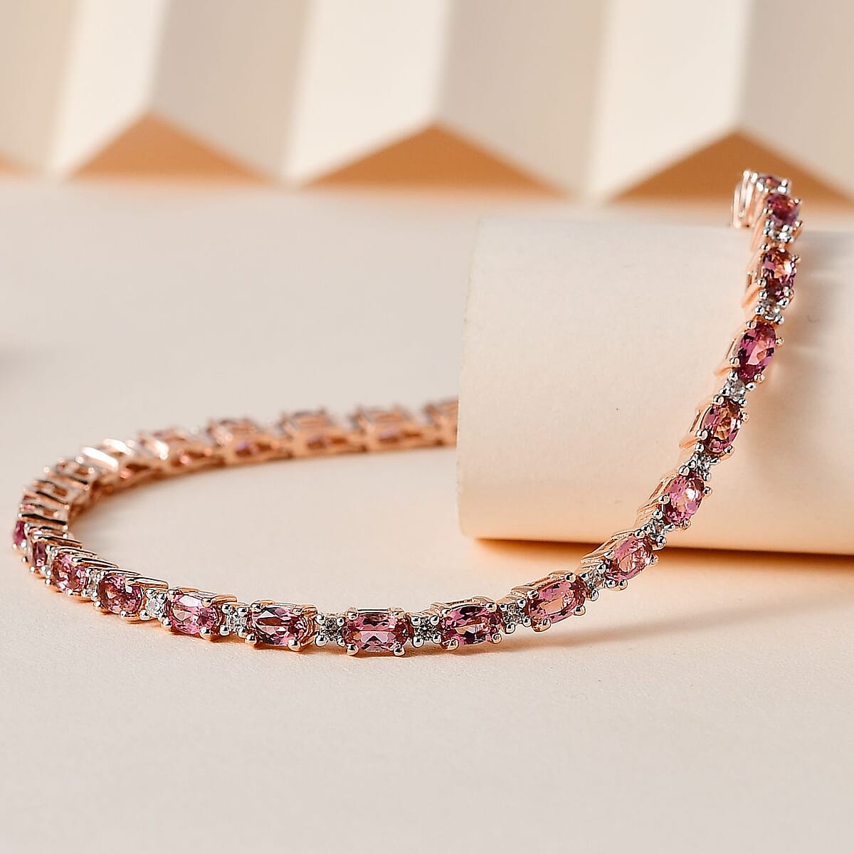 Premium Natural Calabar Pink Tourmaline, White Zircon Bracelet in Vermeil RG Over Sterling Silver (6.50 In) 6.00 ctw image number 1