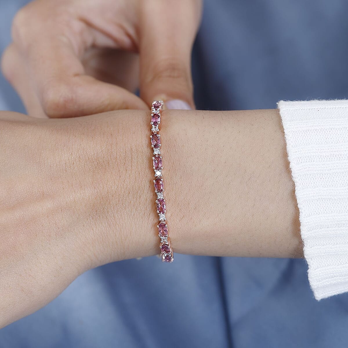 Premium Natural Calabar Pink Tourmaline, White Zircon Bracelet in Vermeil RG Over Sterling Silver (6.50 In) 6.00 ctw image number 2