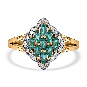 AAA Kagem Zambian Emerald and White Zircon 0.86 ctw Ring in Vermeil Yellow Gold Over Sterling Silver (Size 9)