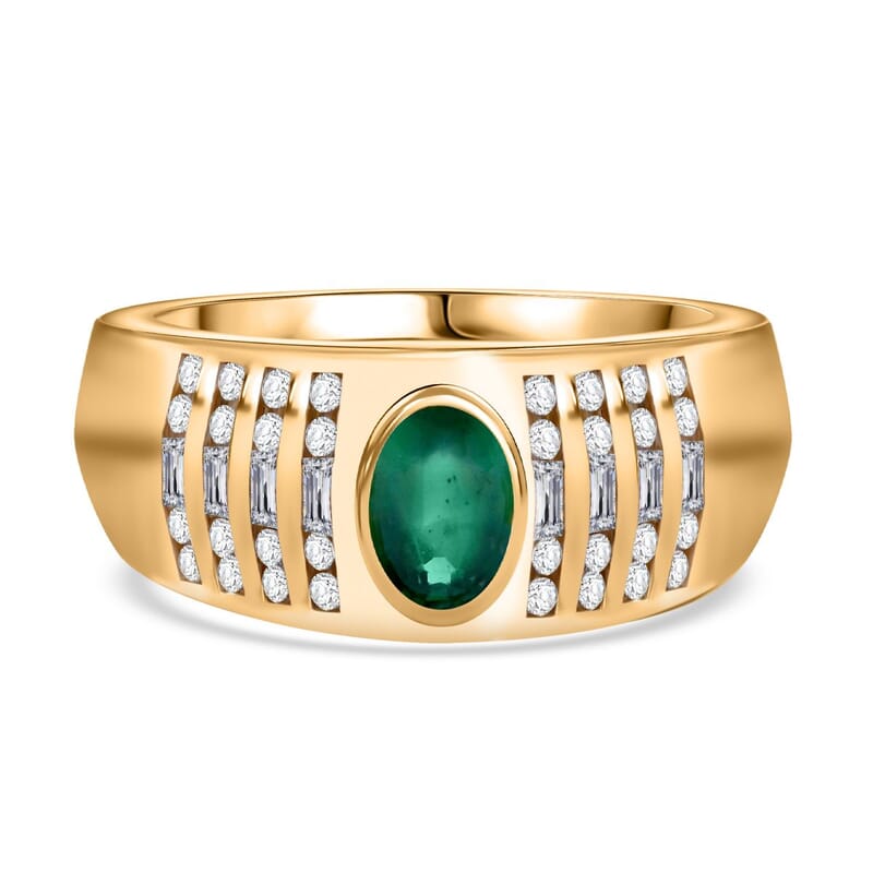 AAA Kagem Zambian Emerald and White Zircon 0.93 ctw Ring in Vermeil Yellow Gold Over Sterling Silver (Size 6.5)