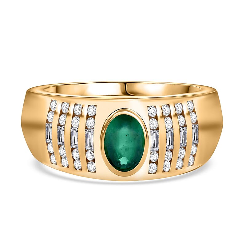 AAA Kagem Zambian Emerald and White Zircon 0.93 ctw Ring in Vermeil Yellow Gold Over Sterling Silver (Size 6.5)