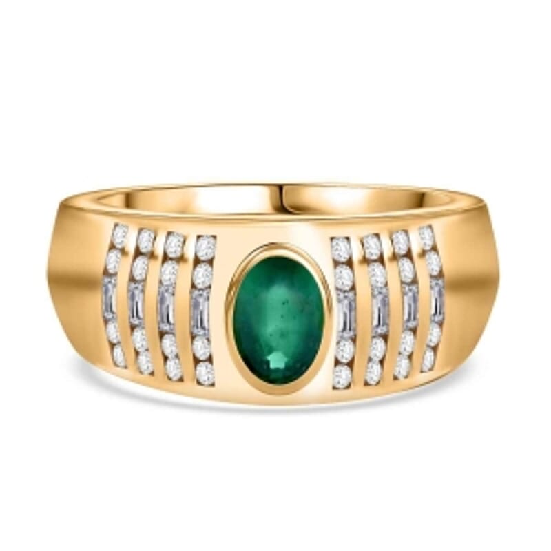 AAA Kagem Zambian Emerald and White Zircon 0.93 ctw Ring in Vermeil Yellow Gold Over Sterling Silver (Size 8)