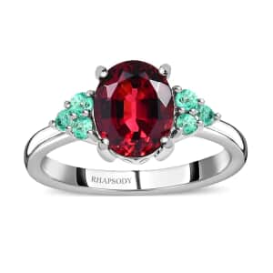 Certified & Appraised Rhapsody 950 Platinum AAAA Ouro Fino Rubellite and AAAA Boyaca Colombian Emerald Ring (Size 6.0) 4.90 Grams 2.10 ctw