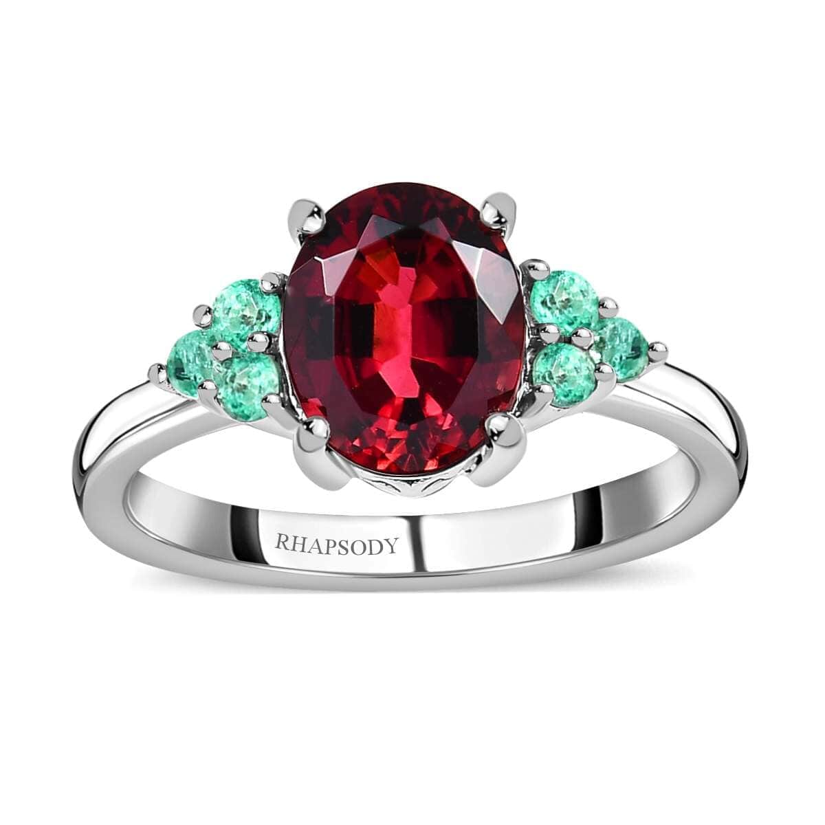 Certified & Appraised Rhapsody 950 Platinum AAAA Ouro Fino Rubellite and AAAA Boyaca Colombian Emerald Ring (Size 7.0) 4.90 Grams 2.10 ctw image number 0
