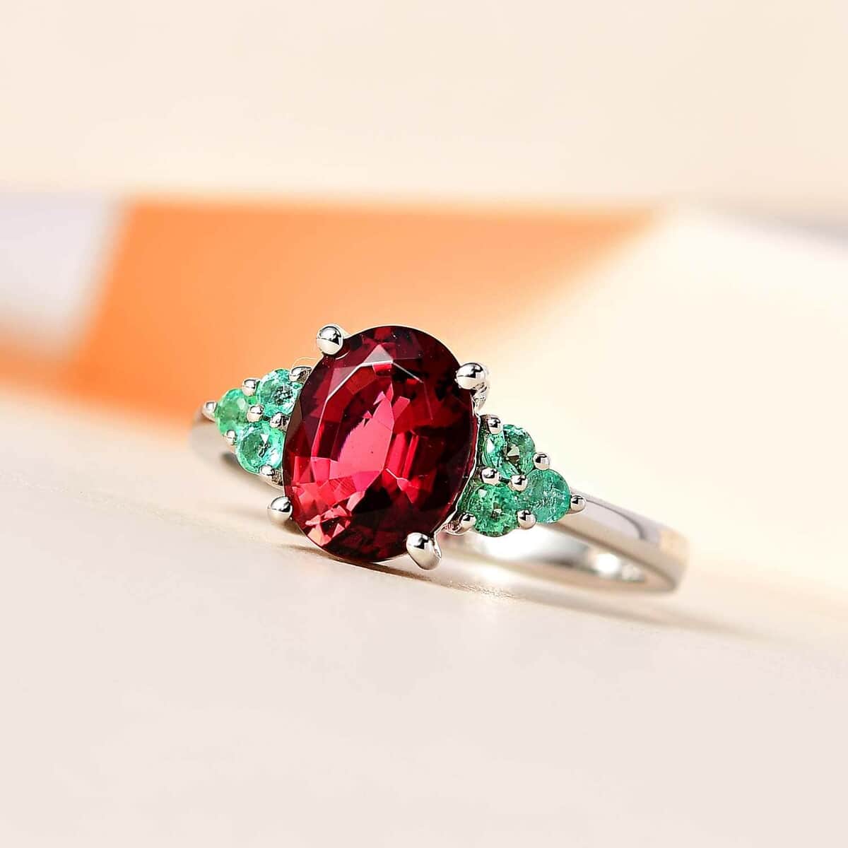 Certified & Appraised Rhapsody 950 Platinum AAAA Ouro Fino Rubellite and AAAA Boyaca Colombian Emerald Ring (Size 7.0) 4.90 Grams 2.10 ctw image number 1