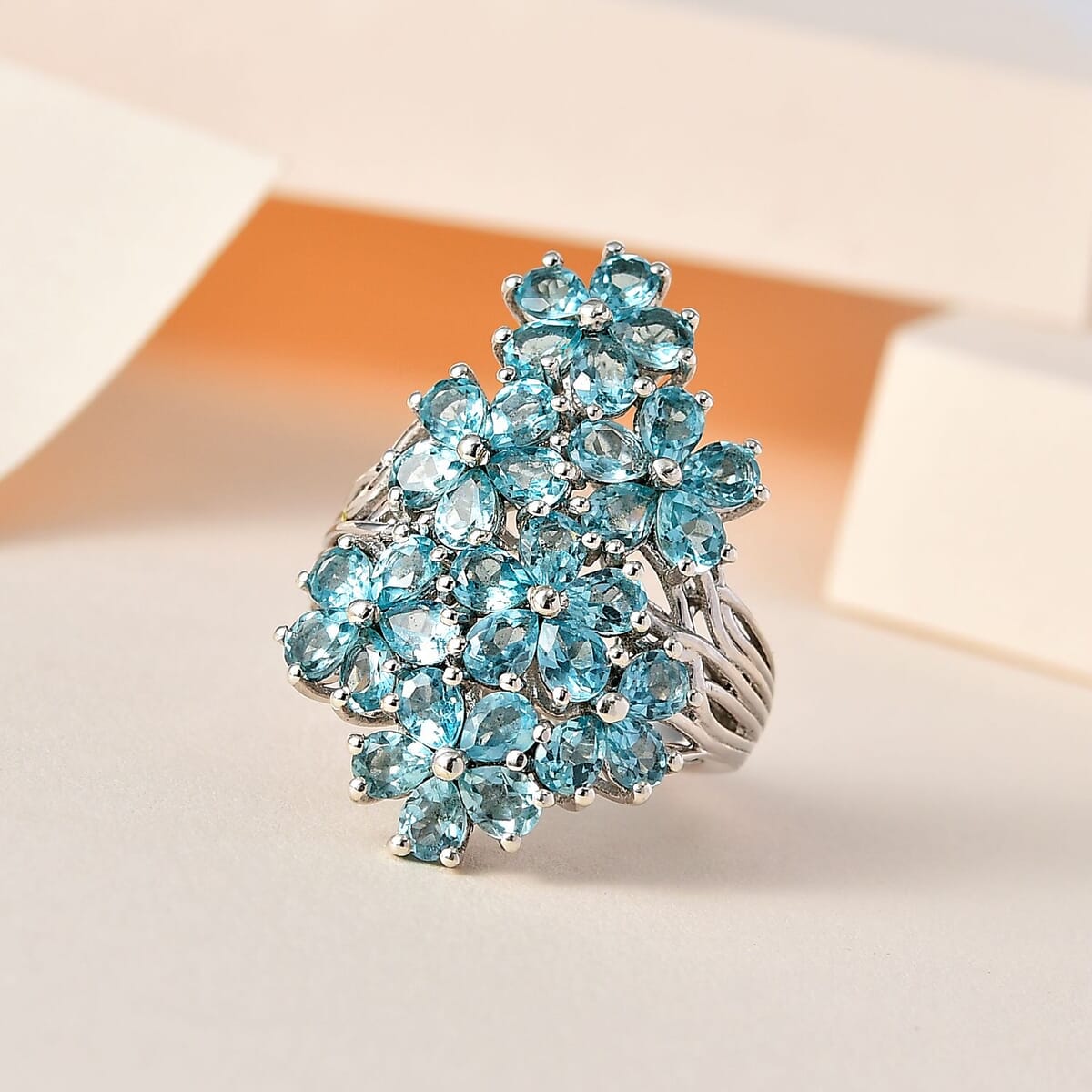 Betroka Blue Apatite 5.40 ctw Floral Ring in Platinum Over Sterling Silver (Size 7.0) image number 1