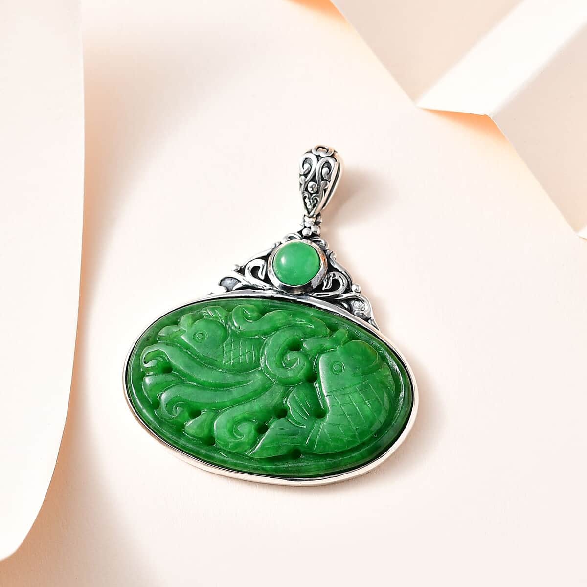 Green Jade Carved (D) Pendant in Sterling Silver 40.75 ctw image number 1