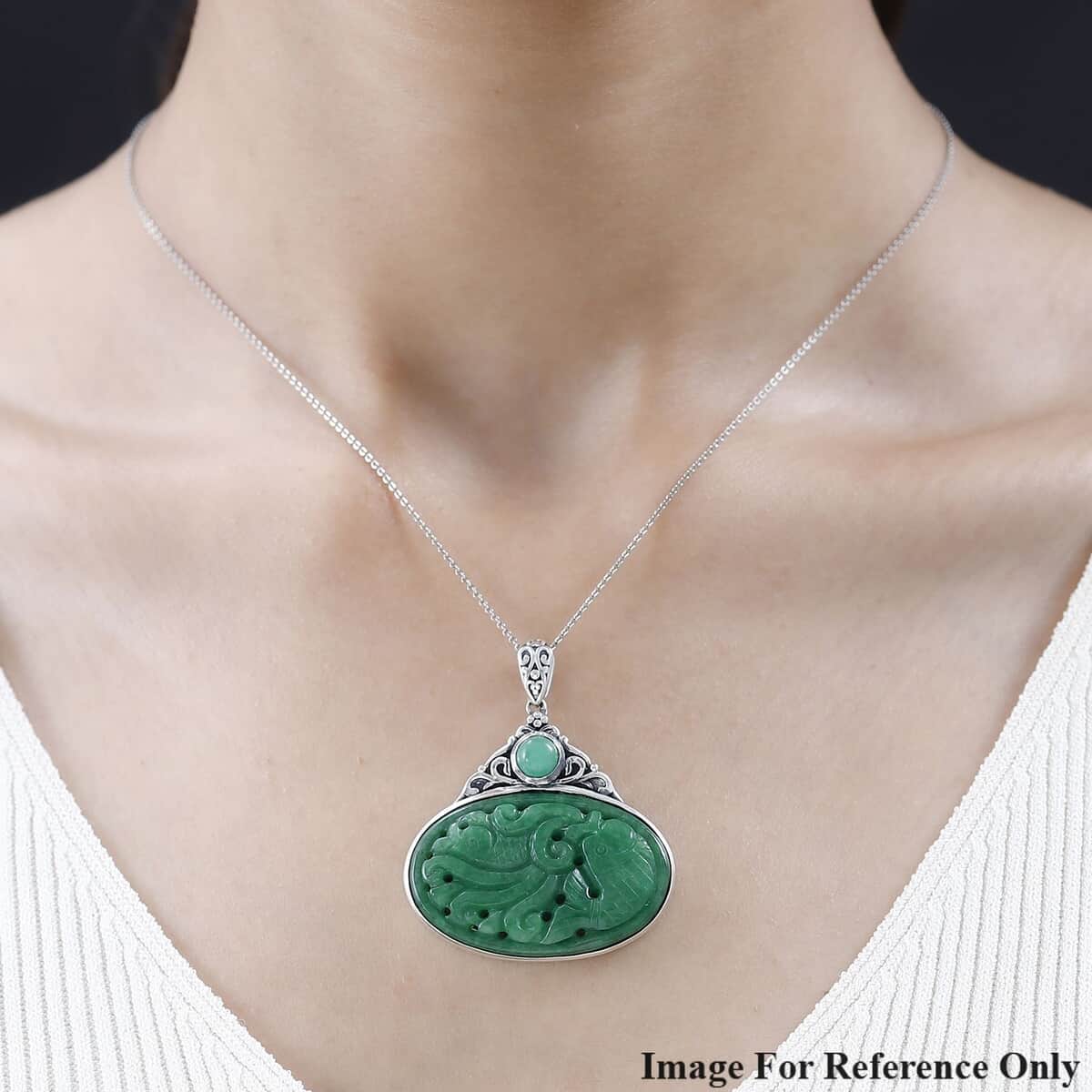 Green Jade Carved (D) Pendant in Sterling Silver 40.75 ctw image number 2