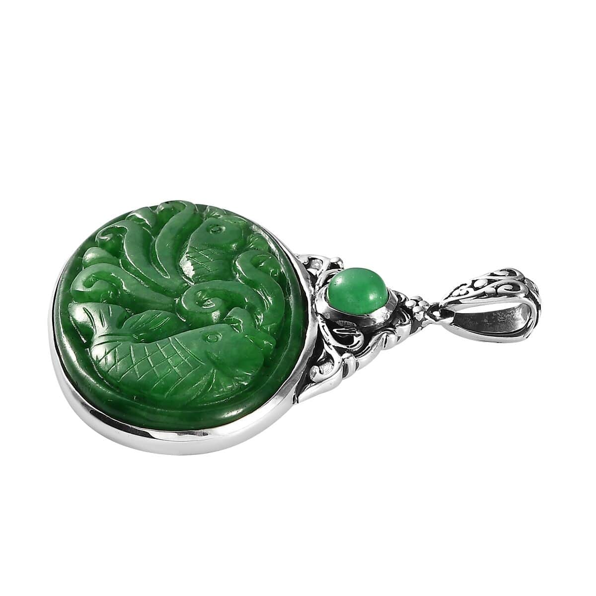 Green Jade Carved (D) Pendant in Sterling Silver 40.75 ctw image number 3