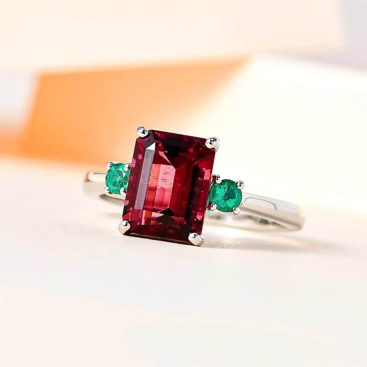 Certified & Appraised Rhapsody AAAA Ouro Fino Rubellite and AAAA Boyaca Colombian Emerald 2.50 ctw Ring in 950 Platinum (Size 6.0) 6.10 Grams image number 1