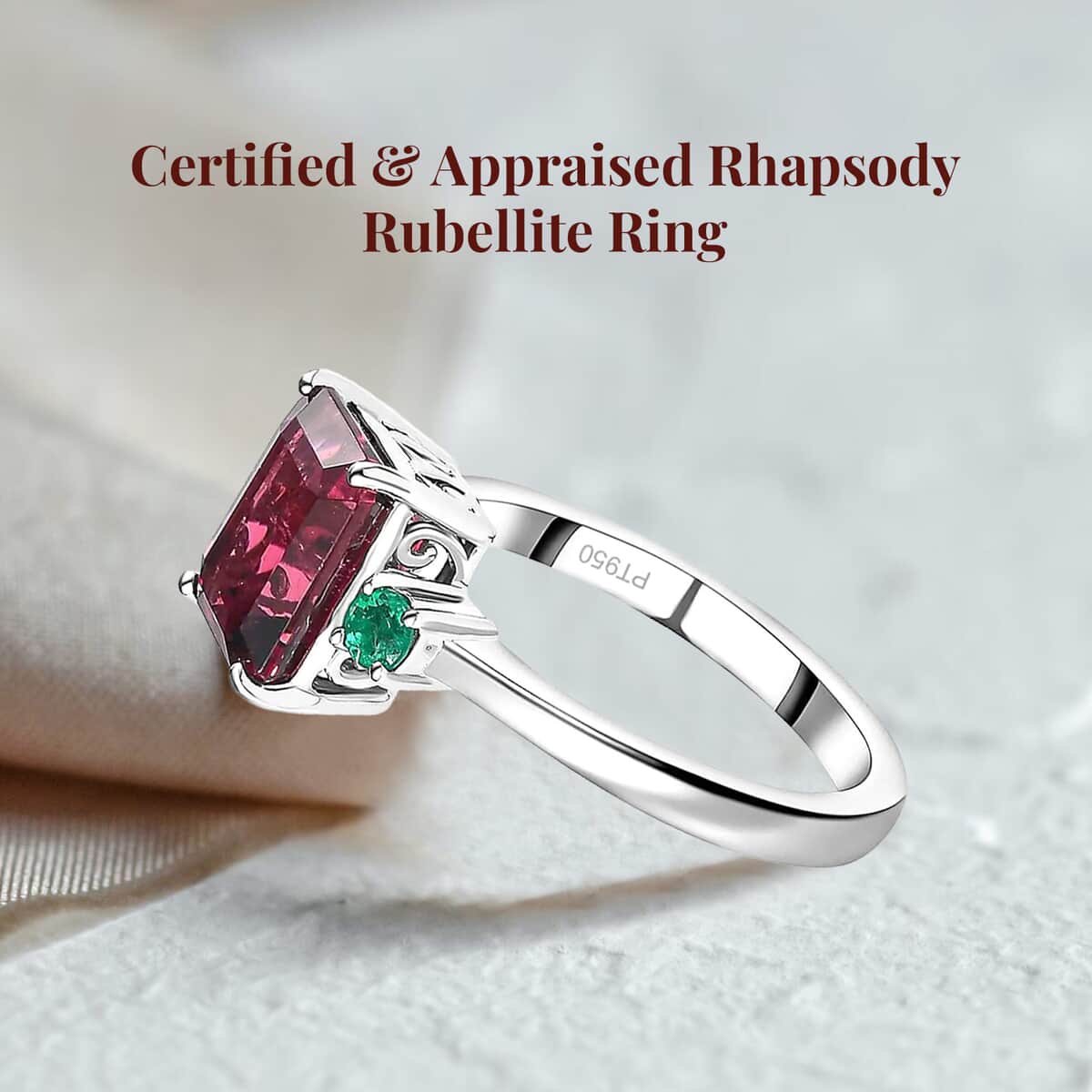 Certified & Appraised Rhapsody AAAA Ouro Fino Rubellite and AAAA Boyaca Colombian Emerald 2.50 ctw Ring in 950 Platinum (Size 6.0) 6.10 Grams image number 2