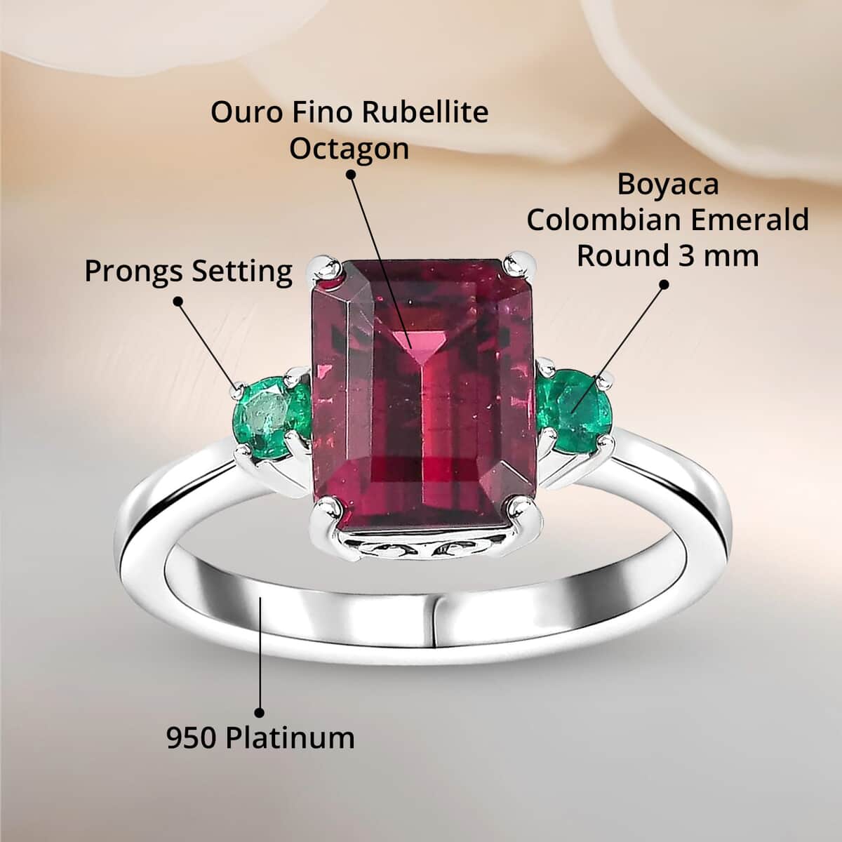 Certified & Appraised Rhapsody AAAA Ouro Fino Rubellite and AAAA Boyaca Colombian Emerald 2.50 ctw Ring in 950 Platinum (Size 6.0) 6.10 Grams image number 4