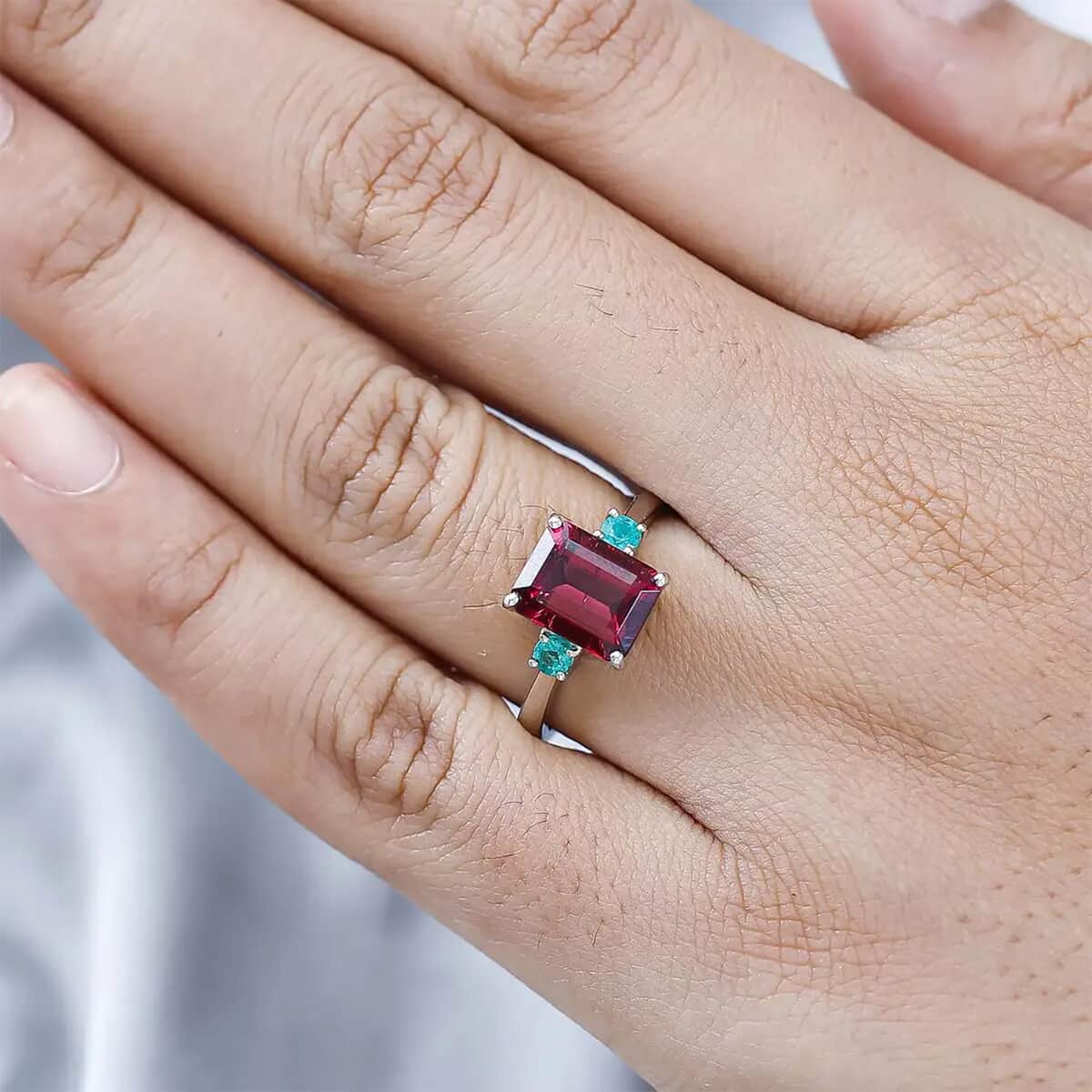 Certified & Appraised Rhapsody AAAA Ouro Fino Rubellite and AAAA Boyaca Colombian Emerald 2.50 ctw Ring in 950 Platinum (Size 6.0) 6.10 Grams image number 7