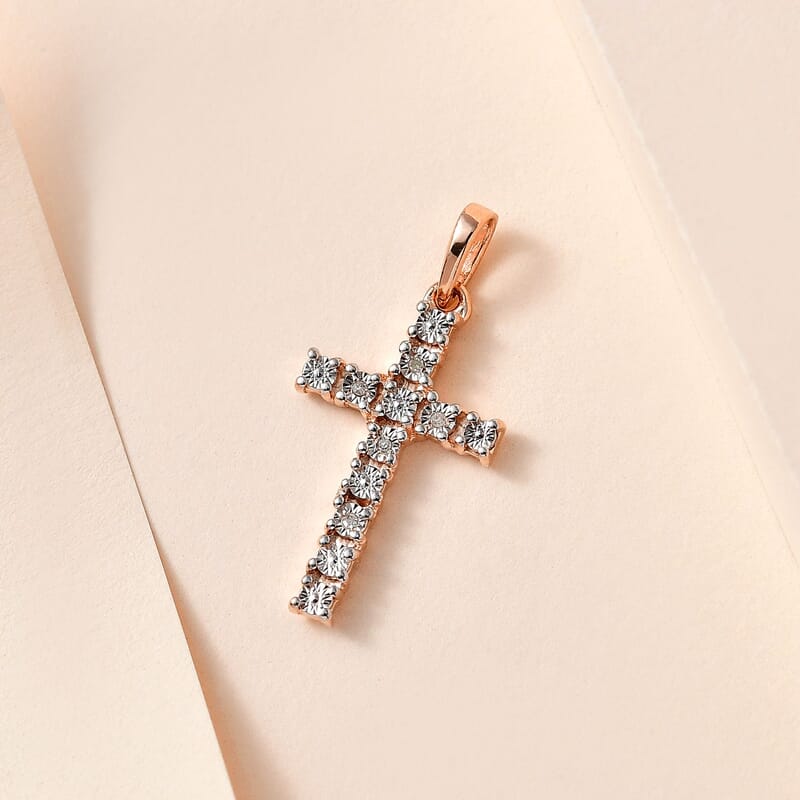 Diamond Accent Cross Pendant without Chain in 14K Rose Gold Over Sterling Silver
