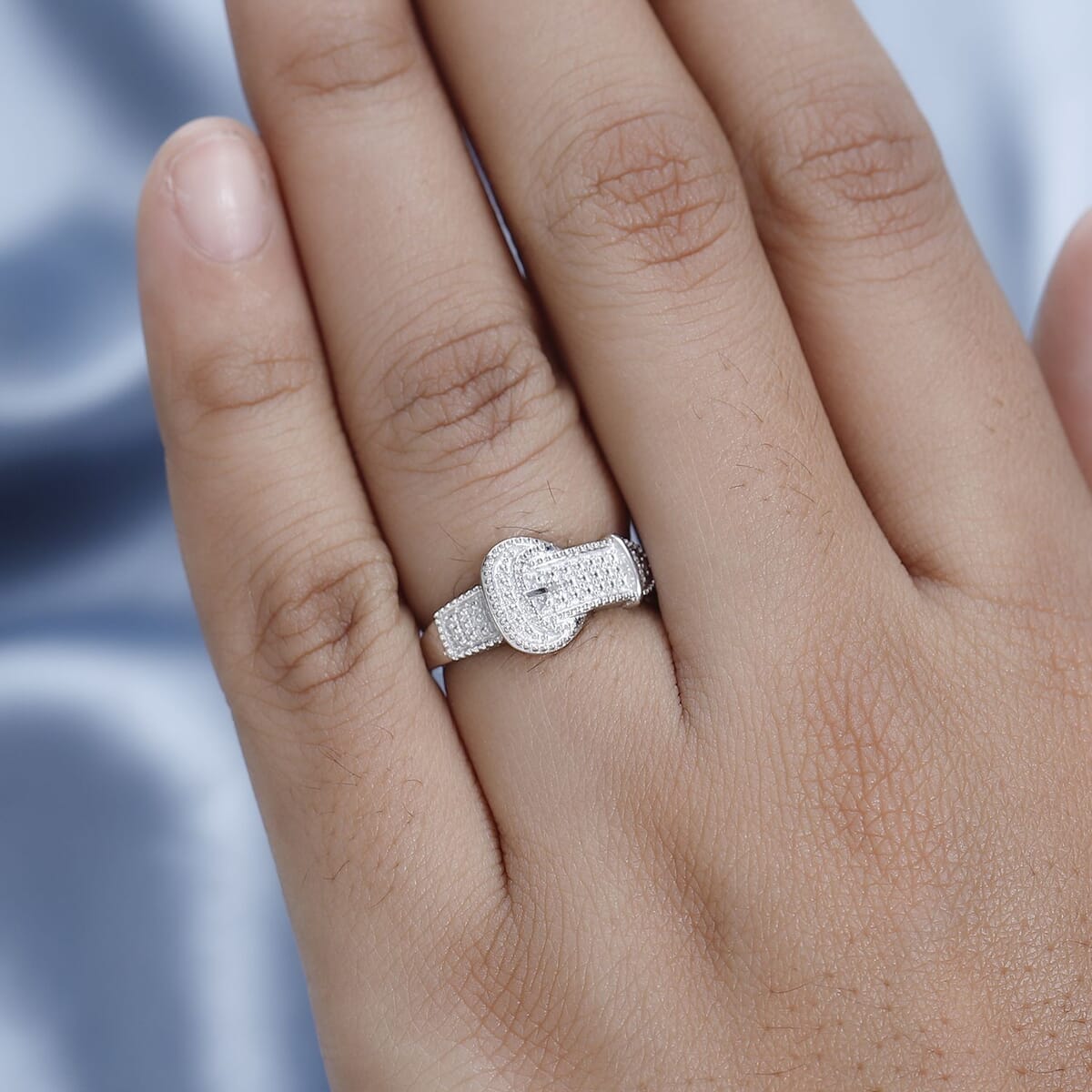 Diamond Accent Buckle Ring in Platinum Over Sterling Silver (Size 8.0) image number 2